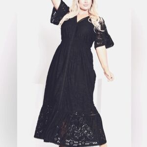 Aveology Dress Plus 16 1X Elegant Black Flutter Sleeve Lace Maxi Lacy NWT NEW